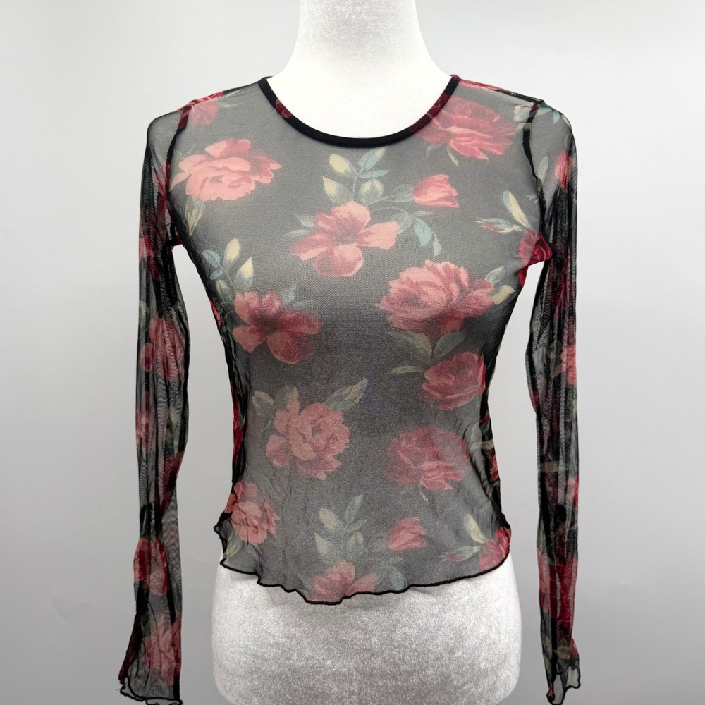 Fairy Grunge Floral Sheer Mesh Long‎ Sleeve Top in Black Floral Print Size Small
